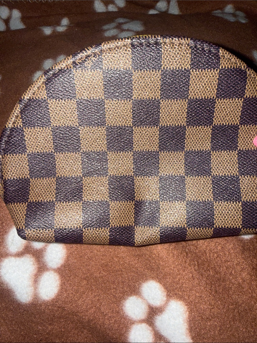 Checkerboard Pattern Half-Moon Cosmetic Pouch - Brown